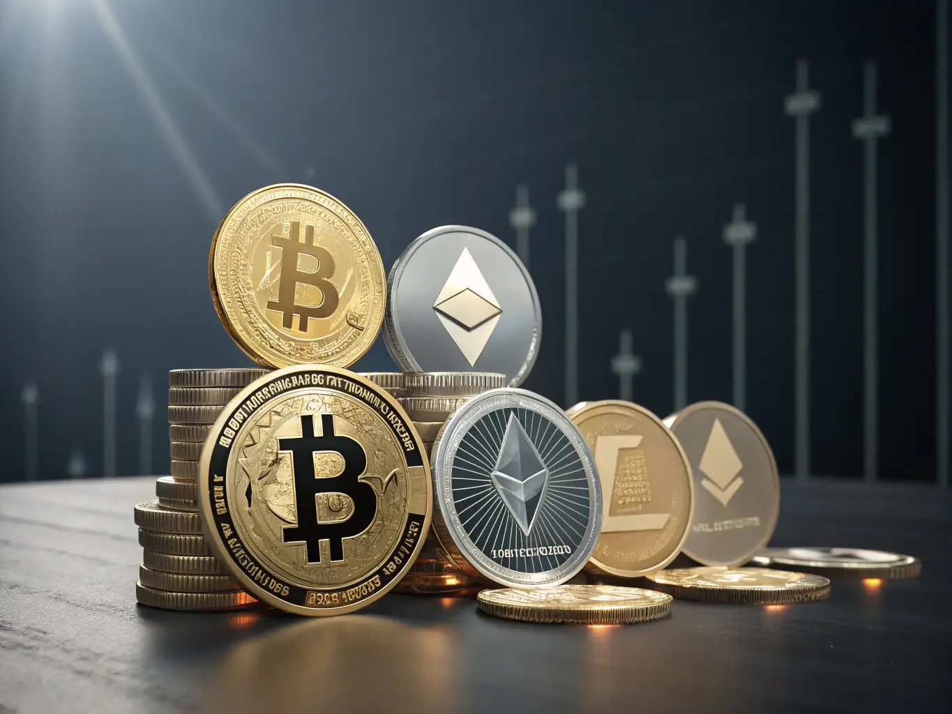 A visually compelling image depicting a diversified cryptocurrency portfolio with various digital coins and charts illustrating growth and stability.